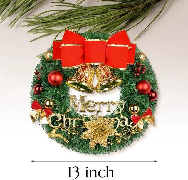 Alt view image 7 of 7 - Merry Christmas Wreaths 12inch Handmade Christmas Garlands with Red Bowknot, Golden Bell and for Indoor Outdoor Door Wall Ornament Window