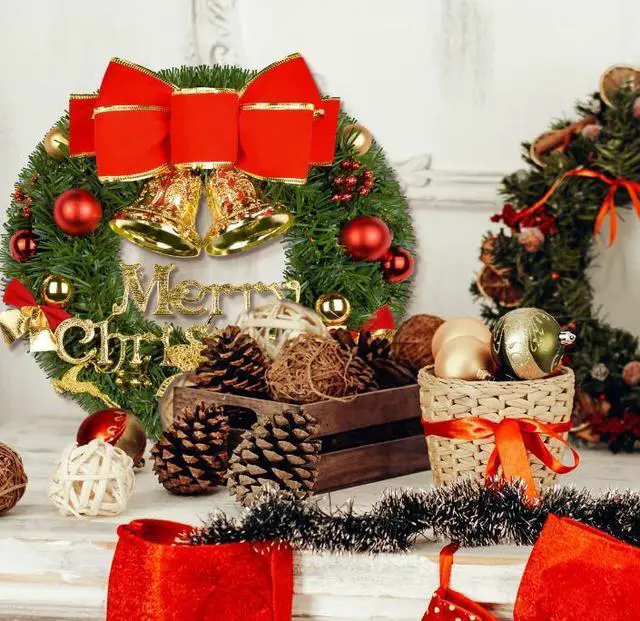 Alt view image 5 of 7 - Merry Christmas Wreaths 12inch Handmade Christmas Garlands with Red Bowknot, Golden Bell and for Indoor Outdoor Door Wall Ornament Window