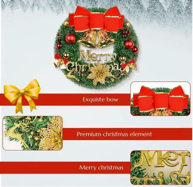 Alt view image 4 of 7 - Merry Christmas Wreaths 12inch Handmade Christmas Garlands with Red Bowknot, Golden Bell and for Indoor Outdoor Door Wall Ornament Window
