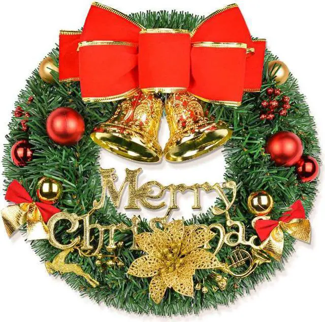 Main image of Merry Christmas Wreaths 12inch Handmade Christmas Garlands with Red Bowknot, Golden Bell and for Indoor Outdoor Door Wall Ornament Window