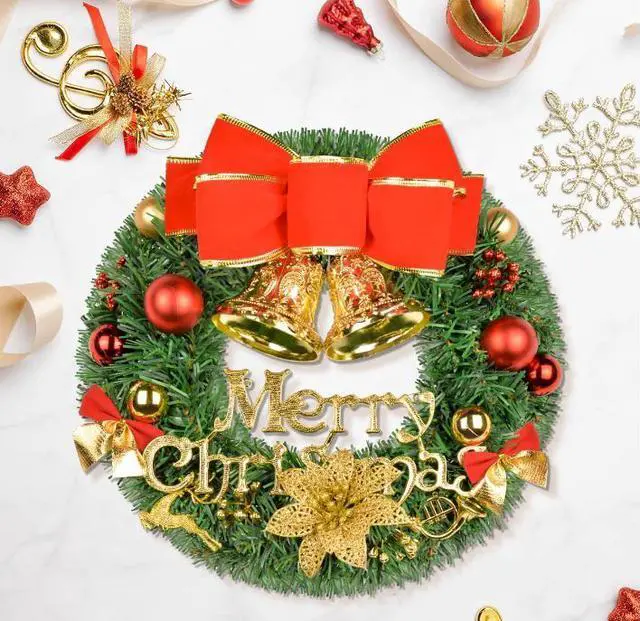 Alt view image 3 of 7 - Merry Christmas Wreaths 12inch Handmade Christmas Garlands with Red Bowknot, Golden Bell and for Indoor Outdoor Door Wall Ornament Window