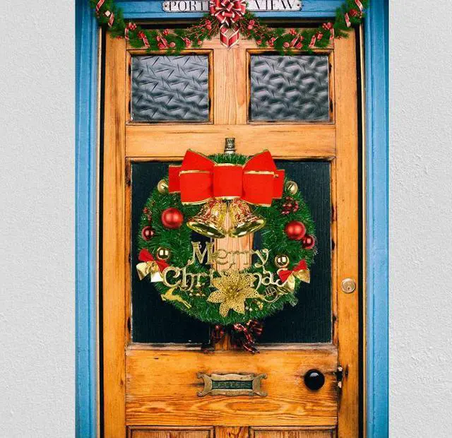 Alt view image 6 of 7 - Merry Christmas Wreaths 12inch Handmade Christmas Garlands with Red Bowknot, Golden Bell and for Indoor Outdoor Door Wall Ornament Window
