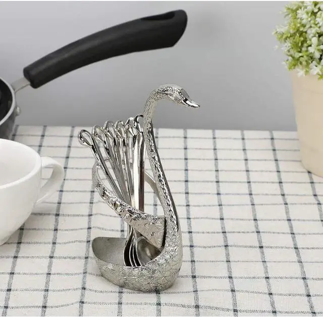 Alt view image 3 of 7 - 6pcs Coffee Dessert Spoon Set with Swan Spoons Holder for Dinner Table Party Buffet Bar Decoration Silver