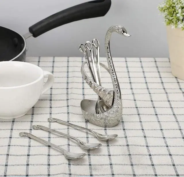 Alt view image 2 of 7 - 6pcs Coffee Dessert Spoon Set with Swan Spoons Holder for Dinner Table Party Buffet Bar Decoration Silver
