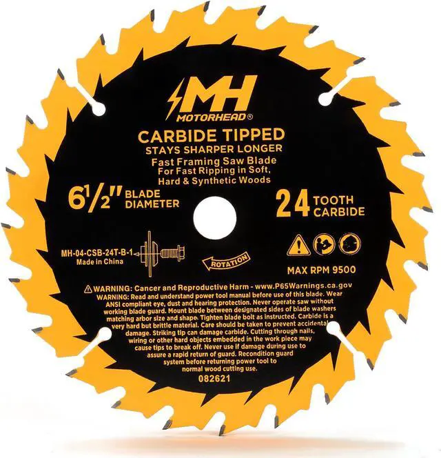 Main image of MOTORHEAD 6-1/2-Inch 24-Tooth Fast Framing Tungsten Carbide Tip Circular Saw Blade, Thin Kerf, Non-Stick, Corrosion-Resistant, 5/8 Arbor, Universal: Corded & Cordless, 24T, USA-Based Support