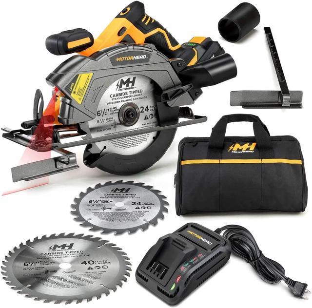 MOTORHEAD 20V ULTRA 6-1/2 Cordless Circular Saw, Lithium-Ion, Laser, LED,  Edge Guide, 0-50° Bevel, Cutting Depth: 2-1/4(0°),1.65(45°), 2Ah Battery,  Quick Charger, Bag, 2 Blades: 24T, 40T, USA-Based 