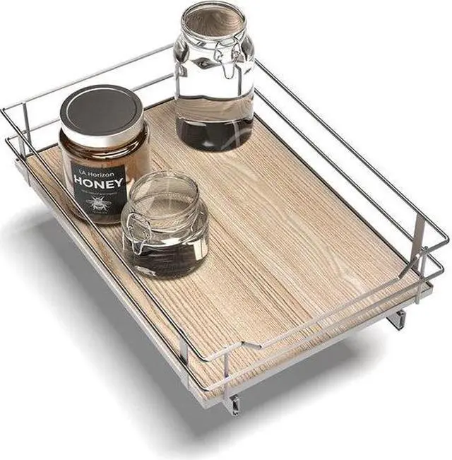 Main image of Home Zone Living 1 Tier Organizer, Kitchen Under Sink Storage, Pantry Organizers and Storage, Pull Out Cabinet Shelf Organizer, 14W x 21D, Satin Nickel Light Brown Wood Finish, Virtuoso Collection