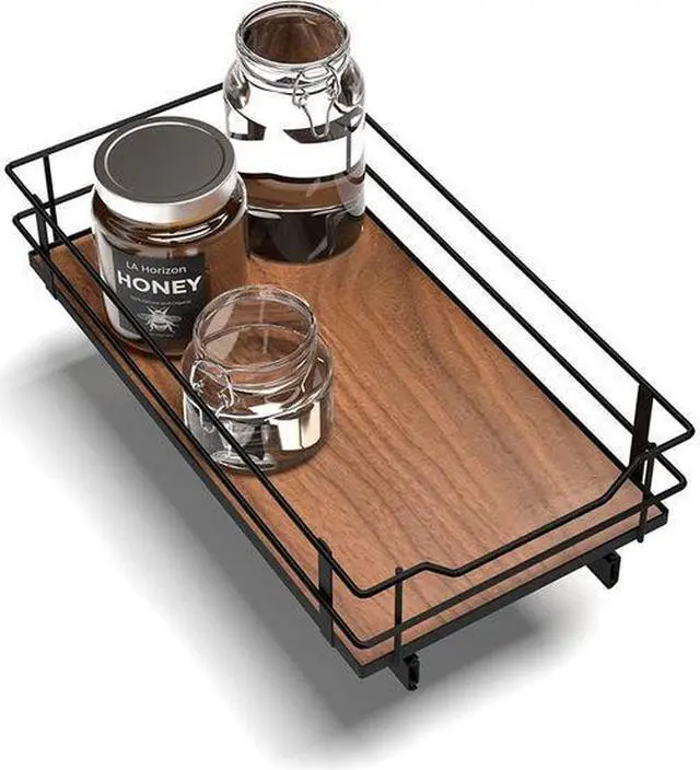 Main image of Home Zone Living 1 Tier Organizer, Kitchen Under Sink Storage, Pantry Organizers and Storage, Pull Out Cabinet Shelf Organizer, 11W x 21D, Matte Black Dark Brown Wood Finish, Virtuoso Collection