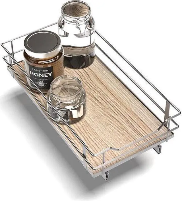 Main image of Home Zone Living 1 Tier Organizer, Kitchen Under Sink Storage, Pantry Organizers and Storage, Pull Out Cabinet Shelf Organizer, 11W x 21D, Satin Nickel Light Brown Wood Finish, Virtuoso Collection
