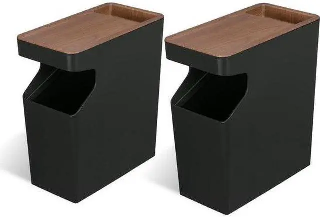 Main image of Home Zone Living 1.7 Gallon Small Trash Can, Slim Rectangular Wastebasket with Wood Grain Cover, Serene Green, Virtuoso Collection, 2-Pack