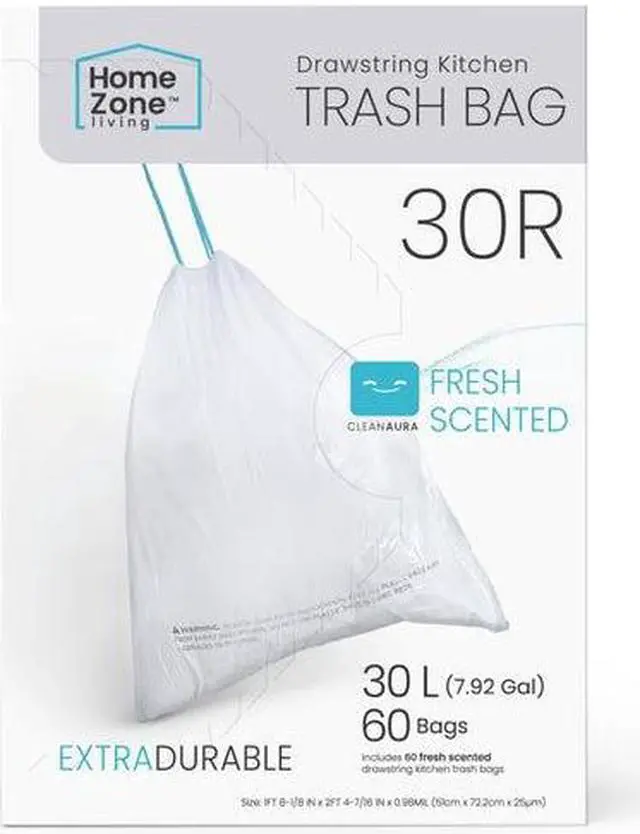 Main image of Home Zone Living 8 Gallon Kitchen Trash Bags with Drawstring Handles, Heavy Duty Custom Fit Design for 30 Liter Dual Recycling Liners, Code 30R, 60 Count