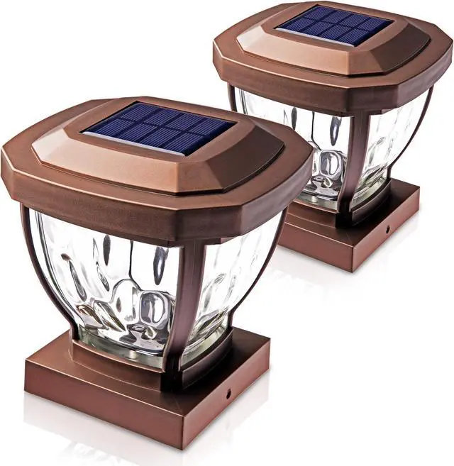 Main image of Home Zone Security Solar Post Cap Lights - Decorative Glass LED Outdoor 4x4 (3.5 x 3.5 in.) Post Lights, Bronze (2-Pack)