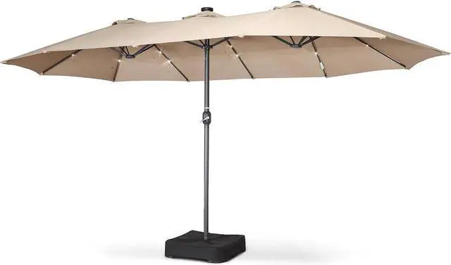 Main image of Home Zone Living 15x9 Ft Double Head Patio Umbrella with Base, 36 LED Lights, Sand Bags, UV Resistant & Waterproof, 213 LBS Total Weight, Beige Tan