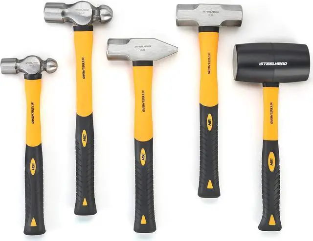 Main image of STEELHEAD 5-Piece Fiberglass Handle Hammer & Mallet Set, 16oz Ball-Peen Hammer, 32oz Ball-Pein Hammer, 32oz Rubber Mallet, 3lb Sledge Hammer, 3lb Cross-Pain Hammer, Metal Working, USA-Based Support