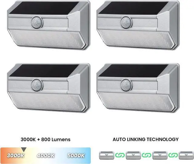 Main image of Home Zone Mesh Linkable Series 4-Pack Solar SMD LED Security Wall Pack Light, 800LM, Auto-Linking, 120°x26 ft Motion Detection, 3000L Warm White, 800 Lumens, Customizable 4-Channel Settings, Silver