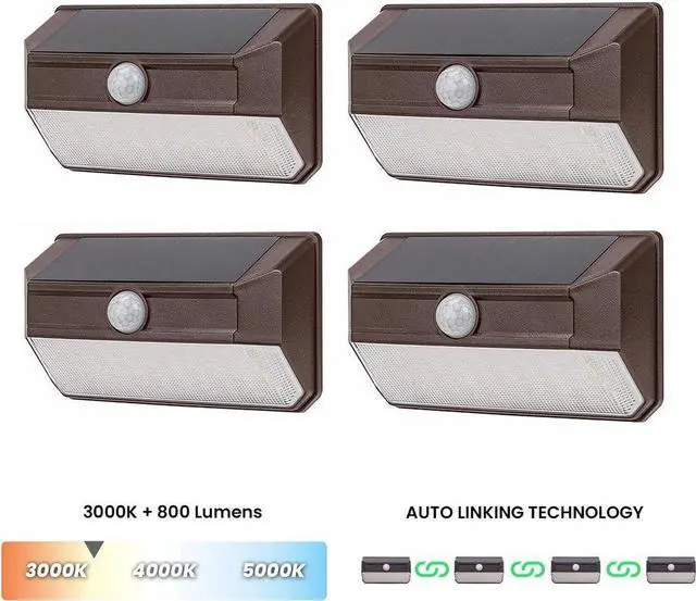 Main image of Home Zone Mesh Linkable Series 4-Pack Solar SMD LED Security Wall Pack Light, 800LM, Auto-Linking, 120°x26 ft Motion Detection, 3000L Warm White, 800 Lumens, Customizable 4-Channel Settings, Bronze