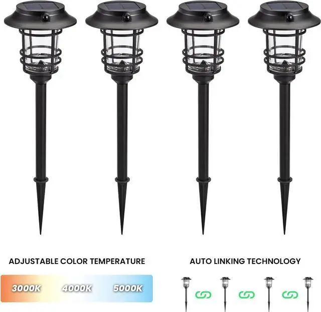 Main image of Mesh Linkable Series 4-Pack Solar LED Security Pathway Light w/ LiFePO4 Battery, 300LM, Auto-linking, 110°x16 ft Motion Detection, CCT 3000K/4000K/5000K, 4-Channel Settings, Stainless Steel, Black