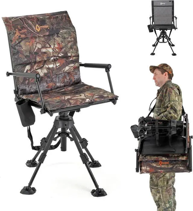 Main image of ARROWHEAD OUTDOOR Wide Folding 360° Hunting Swivel Blind Chair with Removable Camouflage Seat Pad, Armrest, No-Sink Feet, Shoulder Strap, Mesh Chair, Adjustable Height
