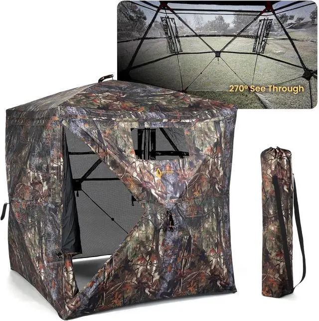 Main image of ARROWHEAD OUTDOOR 270° Vision 4.8x4.8 Ft Pop-up 2-3 Person See-Through Hunting Stealth Deer Blind Shelter w/Magnetic Door, Sliding Windows and Backpack Carry Bag, Noise-Free Camouflage Design