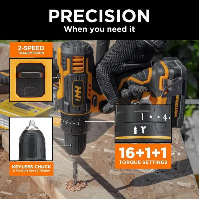Alt view image 2 of 7 - MOTORHEAD 20V ULTRA Cordless Drill Driver, Lithium-Ion, ½ Keyless Chuck, 16+1+1 Clutch, 2-Speed Transmission, Variable Speed Trigger, Built-in LED, 2Ah Battery, Charger, 22 Accessory Bits, USA-Based
