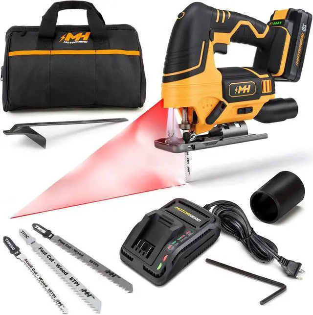 Main image of MOTORHEAD 20V ULTRA Cordless Jig Saw, Lithium-Ion, LED, Laser & Edge Guide, 0-45° Bevel.80 Stroke, 2700 SPM, Variable Speed, Tool-Free Blade Change, 2Ah Battery, Charger, Bag, 3 Blades, USA-Based