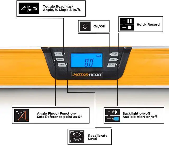 Alt view image 2 of 7 - MOTORHEAD 48-Inch 0°-360° SMART DIGITAL Level, LCD Screen, Audible Alerts, Water, Dust & Shock Resistant, Magnetic Bottom, Includes Bag, High-Visibility, Solid-Milled Aluminum, USA-Based Support