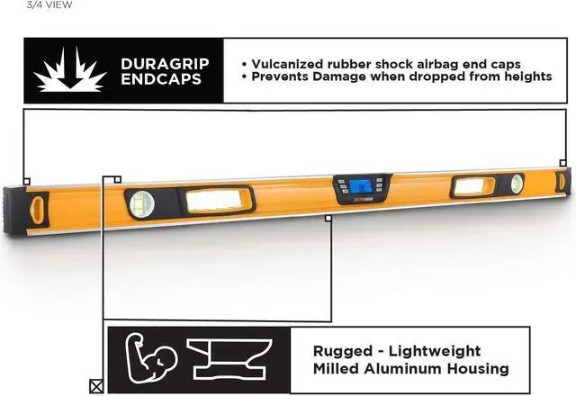 Alt view image 4 of 7 - MOTORHEAD 48-Inch 0°-360° SMART DIGITAL Level, LCD Screen, Audible Alerts, Water, Dust & Shock Resistant, Magnetic Bottom, Includes Bag, High-Visibility, Solid-Milled Aluminum, USA-Based Support