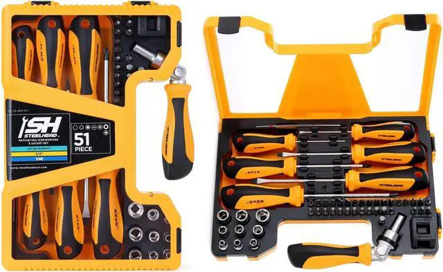 Main image of STEELHEAD 51-Piece Flexible Ratcheting Magnetic Screwdriver Bit & Socket Set, (32) Hex, Phillips, PZ, Slot, Square, Star Bits, (6) Phillips & Slot Screwdrivers, (9) 1/4" SAE Sockets, USA-Based Support