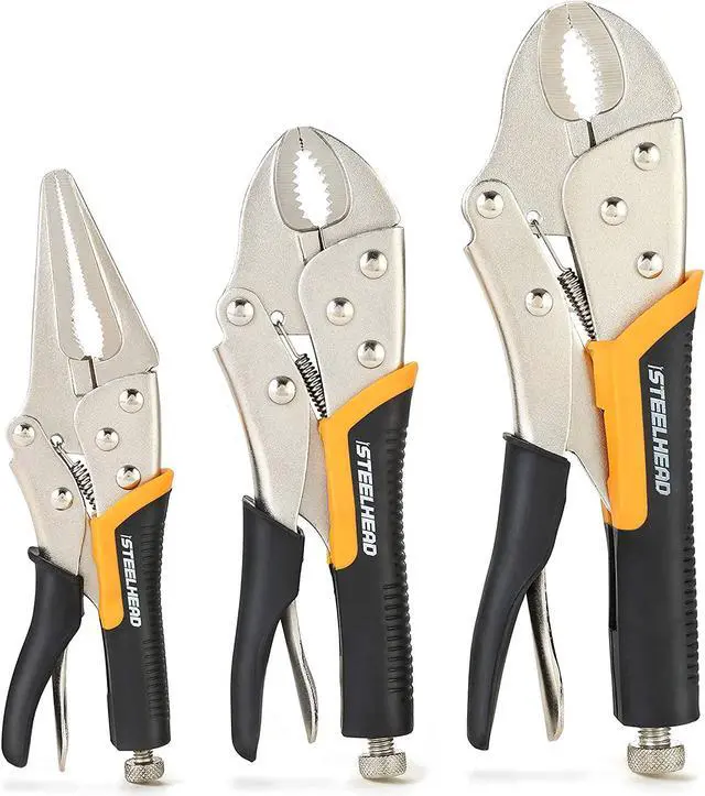Main image of STEELHEAD 3-Piece Locking Pliers Set, 10-inch Curved Jaw, 7-Inch Curved Jaw & 6-1/2 Long Nose Straight Jaw, Integrated Wire Cutter, USA-Based Support