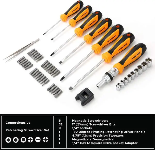 Alt view image 2 of 7 - STEELHEAD 51-Piece Flexible Ratcheting Magnetic Screwdriver Bit & Socket Set, (32) Hex, Phillips, PZ, Slot, Square, Star Bits, (6) Phillips & Slot Screwdrivers, (9) 1/4" SAE Sockets, USA-Based Support