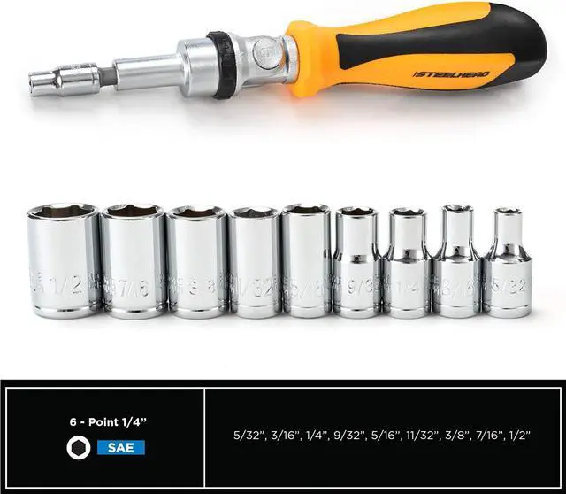 Alt view image 5 of 7 - STEELHEAD 51-Piece Flexible Ratcheting Magnetic Screwdriver Bit & Socket Set, (32) Hex, Phillips, PZ, Slot, Square, Star Bits, (6) Phillips & Slot Screwdrivers, (9) 1/4" SAE Sockets, USA-Based Support