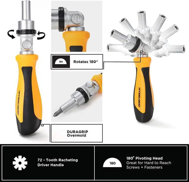 Alt view image 3 of 7 - STEELHEAD 51-Piece Flexible Ratcheting Magnetic Screwdriver Bit & Socket Set, (32) Hex, Phillips, PZ, Slot, Square, Star Bits, (6) Phillips & Slot Screwdrivers, (9) 1/4" SAE Sockets, USA-Based Support