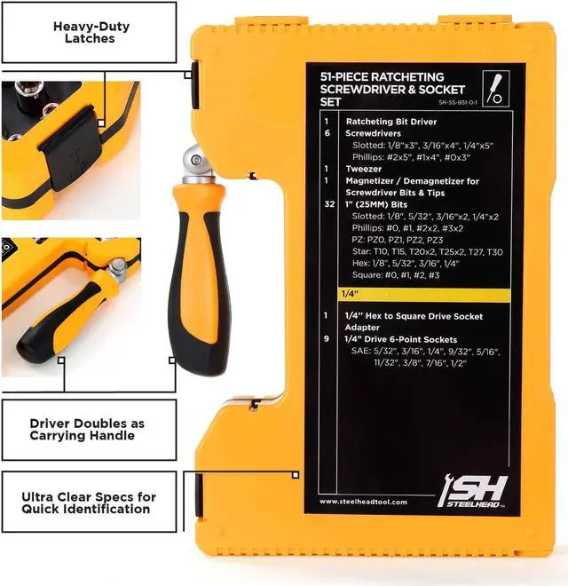 Alt view image 4 of 7 - STEELHEAD 51-Piece Flexible Ratcheting Magnetic Screwdriver Bit & Socket Set, (32) Hex, Phillips, PZ, Slot, Square, Star Bits, (6) Phillips & Slot Screwdrivers, (9) 1/4" SAE Sockets, USA-Based Support