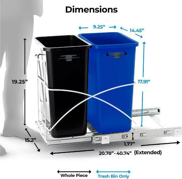 Alt view image 5 of 7 - Home Zone Living 15 Gallon Pull Out Dual Trash Can for Recycling and Trash, Under Cabinet Smooth Glide Design, 58 Liter Total Capacity