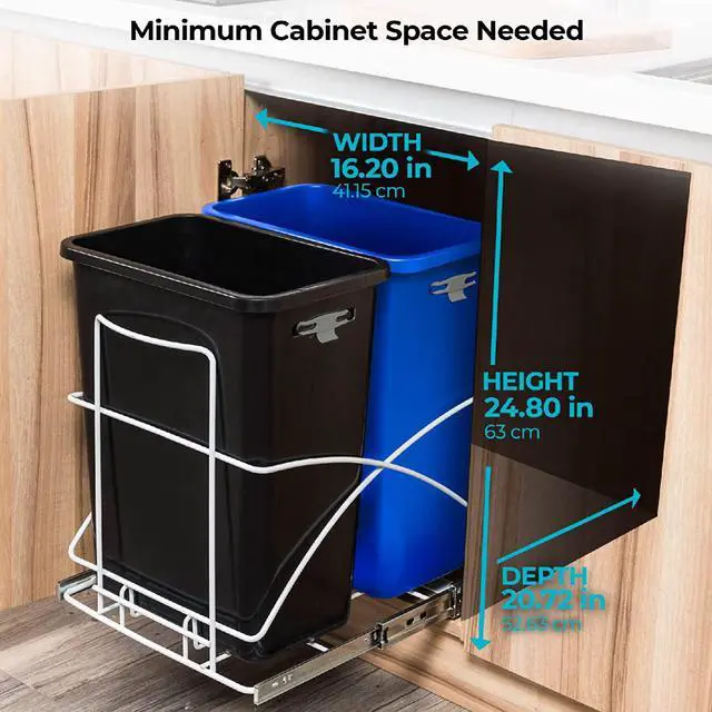 Alt view image 6 of 7 - Home Zone Living 15 Gallon Pull Out Dual Trash Can for Recycling and Trash, Under Cabinet Smooth Glide Design, 58 Liter Total Capacity