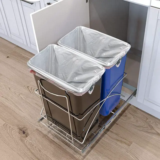 Alt view image 7 of 7 - Home Zone Living 15 Gallon Pull Out Dual Trash Can for Recycling and Trash, Under Cabinet Smooth Glide Design, 58 Liter Total Capacity