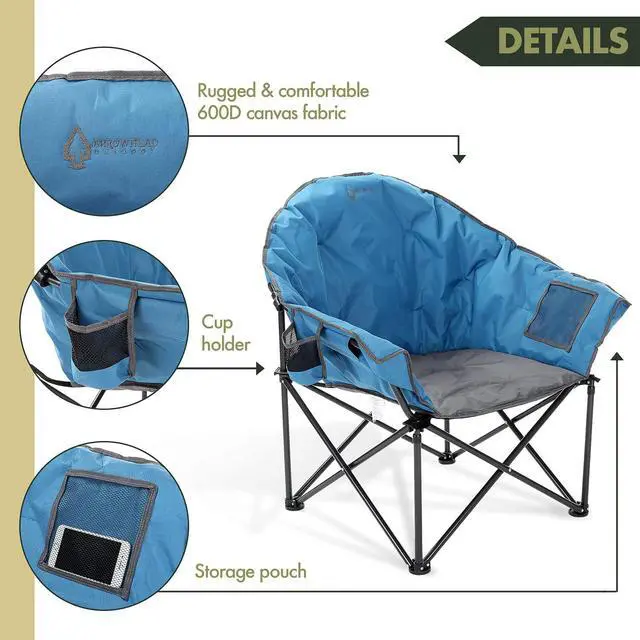 Alt view image 2 of 8 - ARROWHEAD OUTDOOR Oversized Heavy-Duty Club Folding Camping Chair w/ External Pocket, Cup Holder, Portable, Padded, Moon, Round, Saucer, Supports 330lbs, Carrying Bag, USA-Based Support, Blue