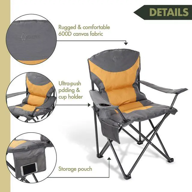 Alt view image 2 of 7 - ARROWHEAD OUTDOOR Portable Folding Camping Quad Chair w/ Added Ultra-Comfortable Padding, Cup-Holder, Heavy-Duty Carrying Bag, Padded Armrests, Supports up to 330lbs, USA-Based Support, Tan