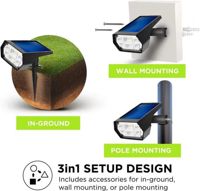 Alt view image 4 of 7 - Home Zone Security Solar Spotlights - Outdoor 500 Lumen High Brightness 3500K Warm Spot Light with 3 in 1, In-ground, Wall Mount, or Flag Pole Setup Design, Black (2-Pack)
