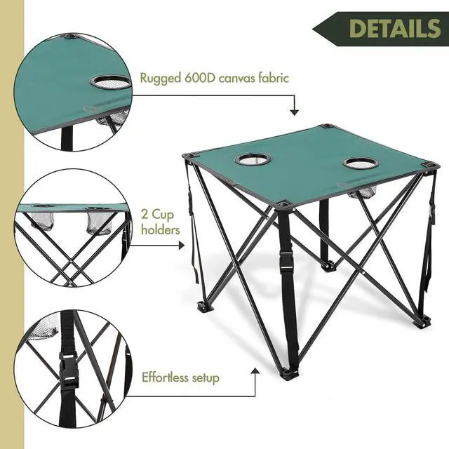 Alt view image 2 of 8 - ARROWHEAD OUTDOOR Heavy-Duty Portable Camping Folding Table, 2 Cup Holders, Compact, Square, Carrying Case Included, Steel Frame, High-Grade 600D Canvas, USA-Based Support, Green