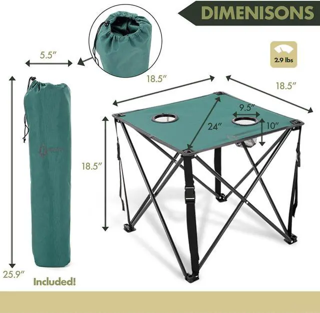Alt view image 5 of 8 - ARROWHEAD OUTDOOR Heavy-Duty Portable Camping Folding Table, 2 Cup Holders, Compact, Square, Carrying Case Included, Steel Frame, High-Grade 600D Canvas, USA-Based Support, Green
