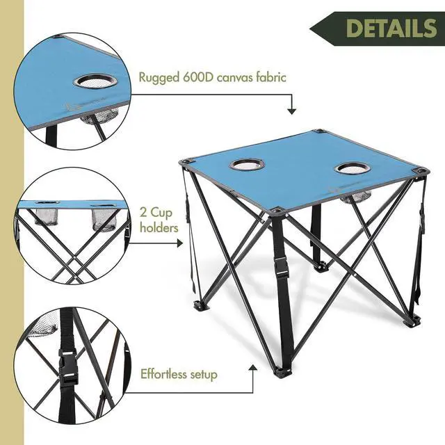 Alt view image 2 of 8 - ARROWHEAD OUTDOOR Heavy-Duty Portable Camping Folding Table, 2 Cup Holders, Compact, Square, Carrying Case Included, Steel Frame, High-Grade 600D Canvas, USA-Based Support, Blue