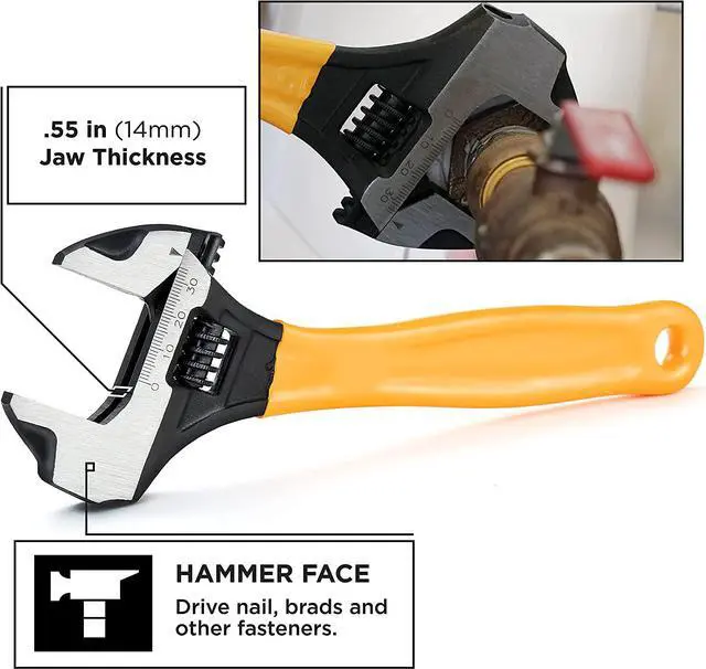 Alt view image 5 of 7 - STEELHEAD 10 Wide-Mouth Adjustable HAMMERHEAD Wrench, 1.5-Inch Opening, Forged Heat-Treated Steel w/Corrosion-Resistant Black Phosphate Finish, SAE & Metric Jaw Measurements, USA-Based Support