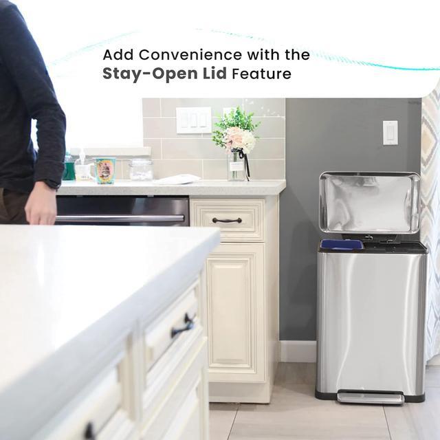 Alt view image 5 of 7 - Home Zone Living 13 Gallon Dual Kitchen Trash Can, Dual Compartment Recycle Combo, Wide Body Stainless Steel Design, 50 Liter Total Capacity, Silver