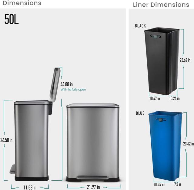 Alt view image 6 of 7 - Home Zone Living 13 Gallon Dual Kitchen Trash Can, Dual Compartment Recycle Combo, Wide Body Stainless Steel Design, 50 Liter Total Capacity, Silver
