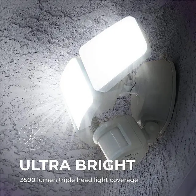 Alt view image 2 of 6 - Home Zone Security 3500 Lumen LED Motion Sensor Light - Outdoor Weather Resistant Triple Head 5000K Security Light with Dusk to Dawn Mode and Easy Connect Back Panel, White