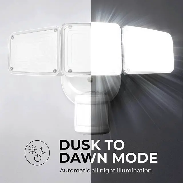 Alt view image 3 of 6 - Home Zone Security 3500 Lumen LED Motion Sensor Light - Outdoor Weather Resistant Triple Head 5000K Security Light with Dusk to Dawn Mode and Easy Connect Back Panel, White