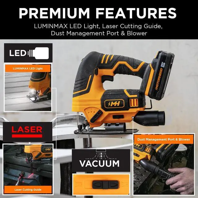 Alt view image 2 of 7 - MOTORHEAD 20V ULTRA Cordless Jig Saw, Lithium-Ion, LED, Laser & Edge Guide, 0-45° Bevel.80 Stroke, 2700 SPM, Variable Speed, Tool-Free Blade Change, 2Ah Battery, Charger, Bag, 3 Blades, USA-Based