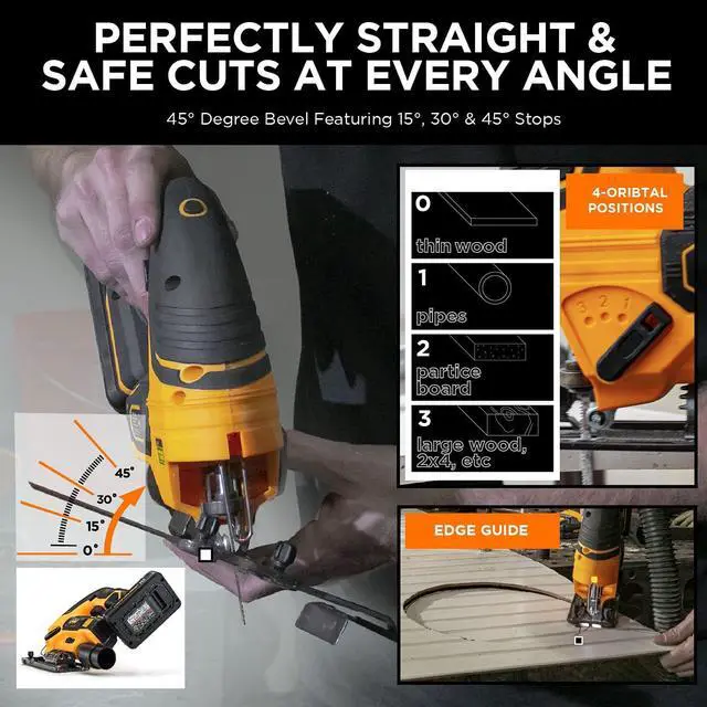 Alt view image 4 of 7 - MOTORHEAD 20V ULTRA Cordless Jig Saw, Lithium-Ion, LED, Laser & Edge Guide, 0-45° Bevel.80 Stroke, 2700 SPM, Variable Speed, Tool-Free Blade Change, 2Ah Battery, Charger, Bag, 3 Blades, USA-Based