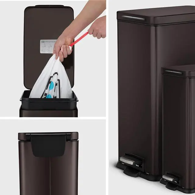 Alt view image 5 of 7 - Home Zone Living 8 Gallon and 2.5 Gallon Kitchen Trash Can Combo Set, Slim Body Stainless Steel Design, 30 Liter and 9.7 Liter Capacity, Black